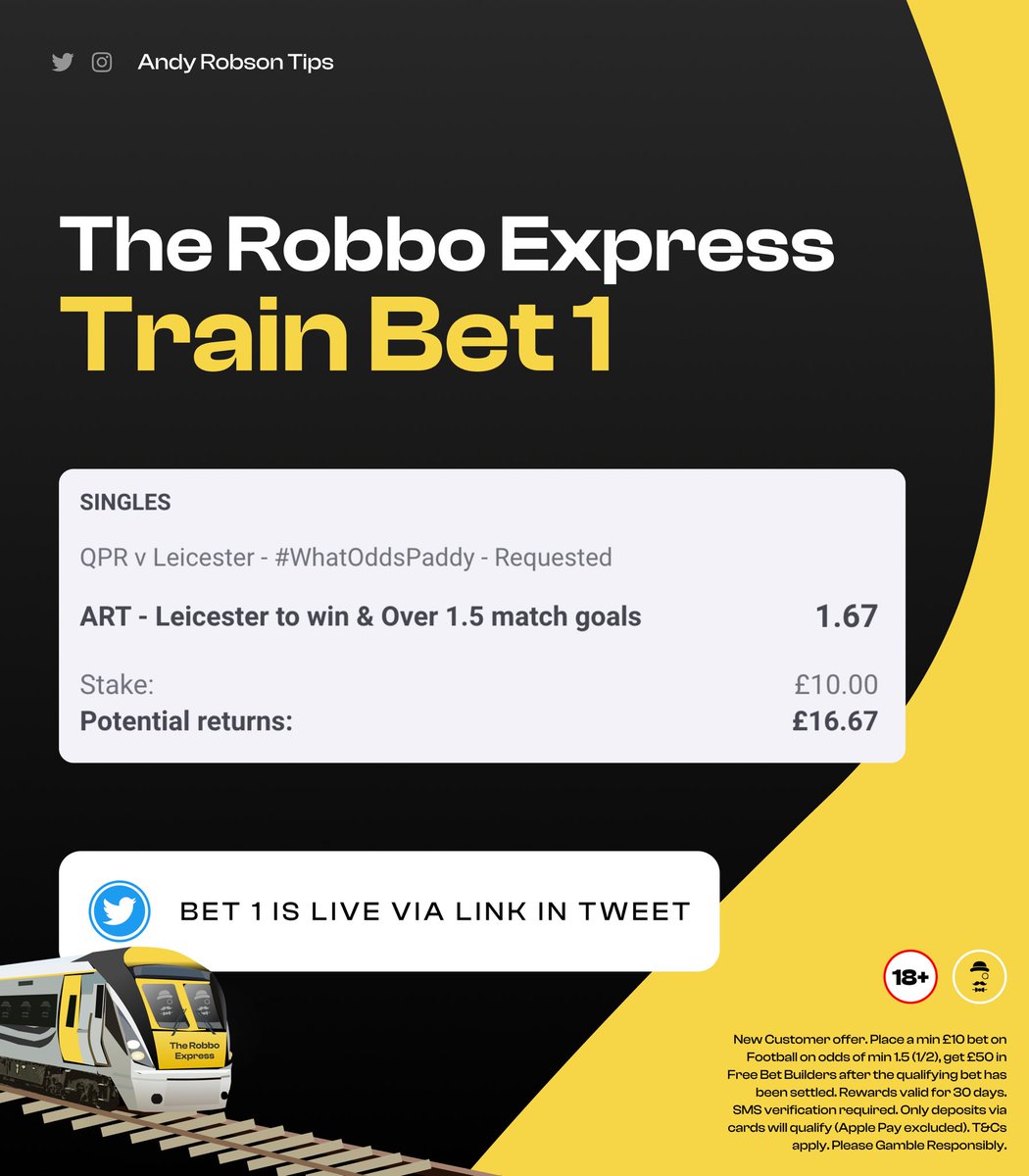 AndyRobsonTips's tweet image. 🚂 Bet 1 | £10 to £500 Train

Load bet: bit.ly/Train-Bet01

🏴󠁧󠁢󠁥󠁮󠁧󠁿 Leicester to win &amp;amp; Over 1.5 goals 

Join Paddy Power to get better odds than you'll find elsewhere.

Claim offer: bit.ly/50FREE-Claim

🎁 You'll get £50 in Free Bets if you join.

18+, T&amp;amp;Cs Apply. Ad.