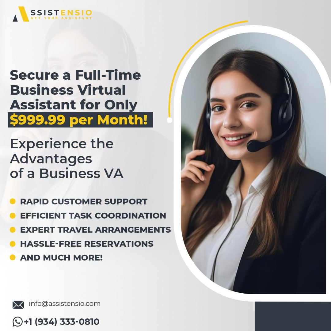 Are you weary of drowning in administrative tasks?

📈Allow us to optimize your workflow with our #BusinessVirtualAssistant, priced at only $999.99 per month! Monday to Friday, from 9 AM to 5 PM

Elevate your efficiency and don't miss out on this incredible offer!
#assistensio