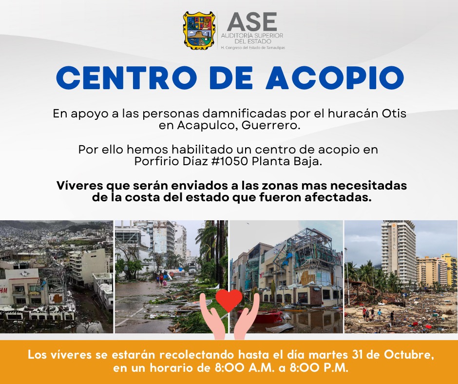 📣Información Importante.

La #asetamaulipas informa a todo el personal y ciudadanía en general que se habilitará un centro de acopio al interior de este órgano, ubicado en Porfirio Díaz #1050, en Ciudad Victoria, Tamaulipas.