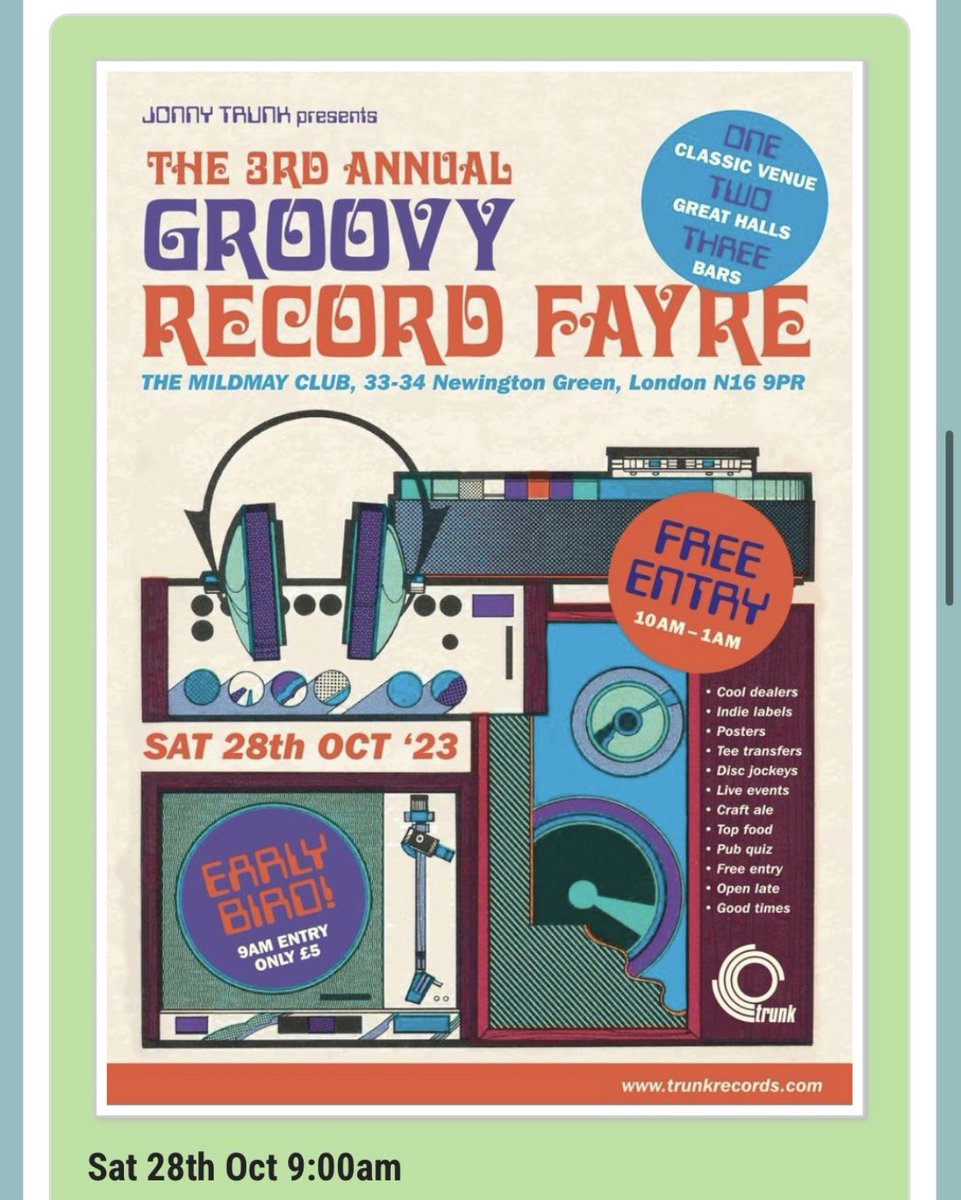 See you tomorrow. 9am to 1am. Record fayre with books, posters, vintage tees, labels, collectors, good food, bar opens at midday, music quiz at 7pm. Dancing from 9pm. See you there…