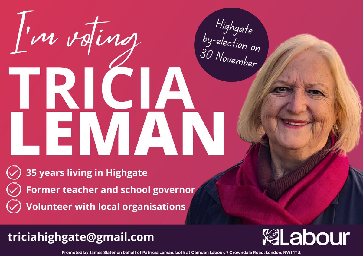 We're so excited to announce our fantastic candidate for the Highgate by-election - Tricia Leman! Tricia's lived in Highgate for 35 years. She's local, experienced and trusted. If you live in Highgate (Camden), vote Tricia on 30 November 🗳🌹