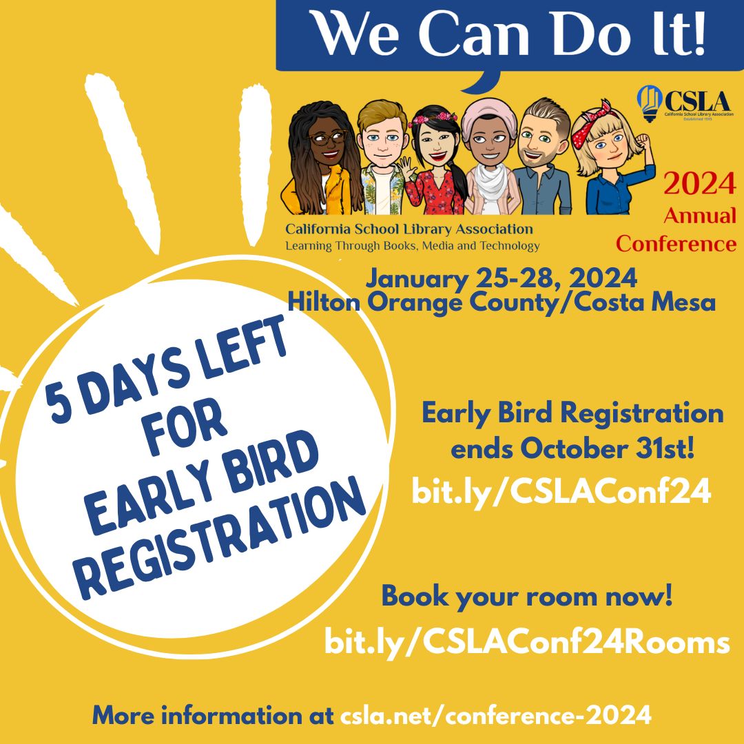 Early Bird Registration is the best value for the 2024 CSLA Conference! Register today to gain access to all Thursday-Sunday sessions and the CYRM Banquet! buff.ly/46S2rKN! #4csla #BetterTogether #Conference #ProfDev #SchoolLibraries #CaliforniaLibraries