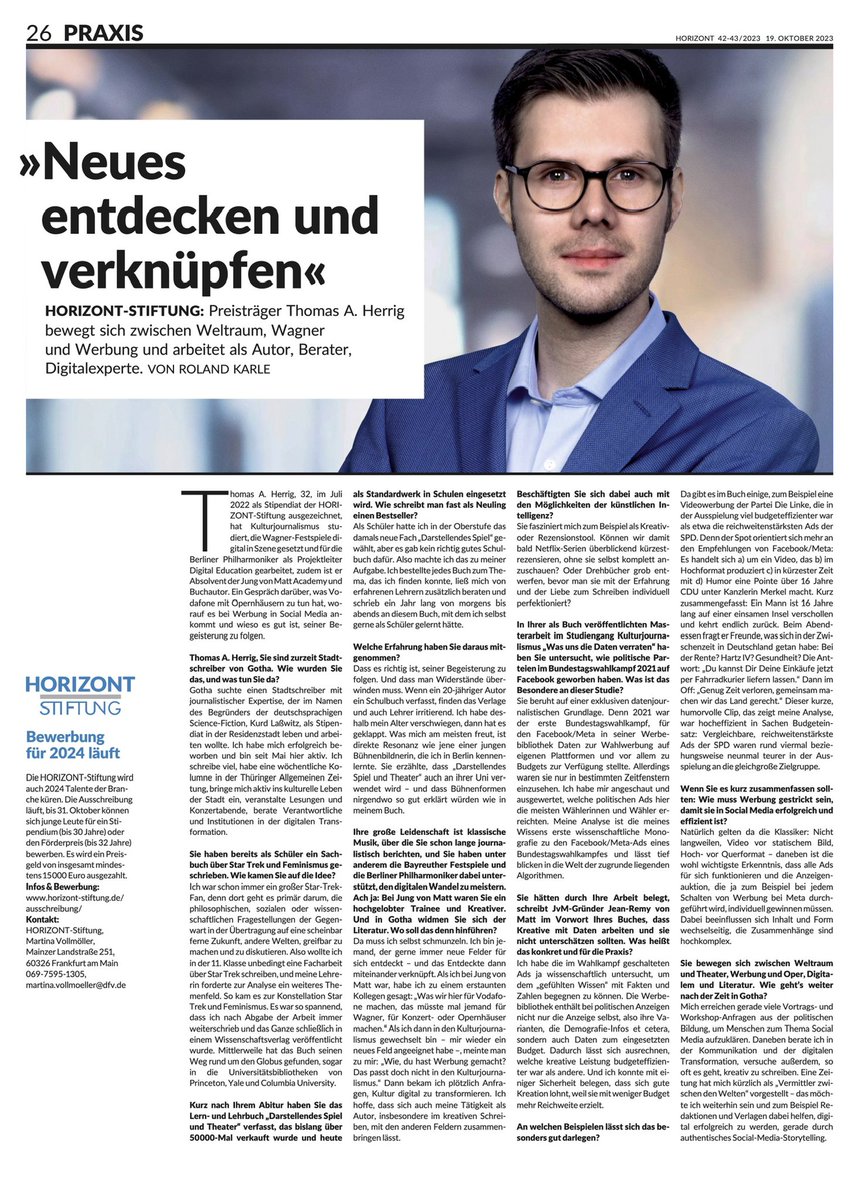 💬 Diese Woche im Fachmedium HORIZONT: Ein Gespräch über meine Arbeit zwischen "#Weltraum, #Wagner und #Werbung". Und natürlich auch zu Insights aus meinem neuen Buch "Was uns die Daten verraten" <a href="/buechnerverlag/">Büchner-Verlag</a>.