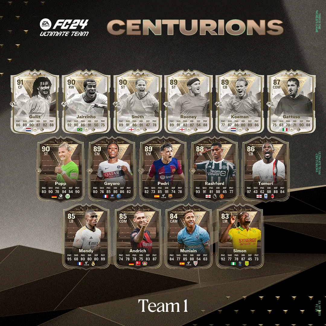 EASPORTSFC's tweet photo. They fight for the badge. 

Centurions have arrived in Ultimate Team: Living legends who've joined the century club in appearances, goals, assists, or clean sheets for their side.

Find out more: https://t.co/L3D8YZY6FZ

#FC24 https://t.co/BzedWIf4Tu