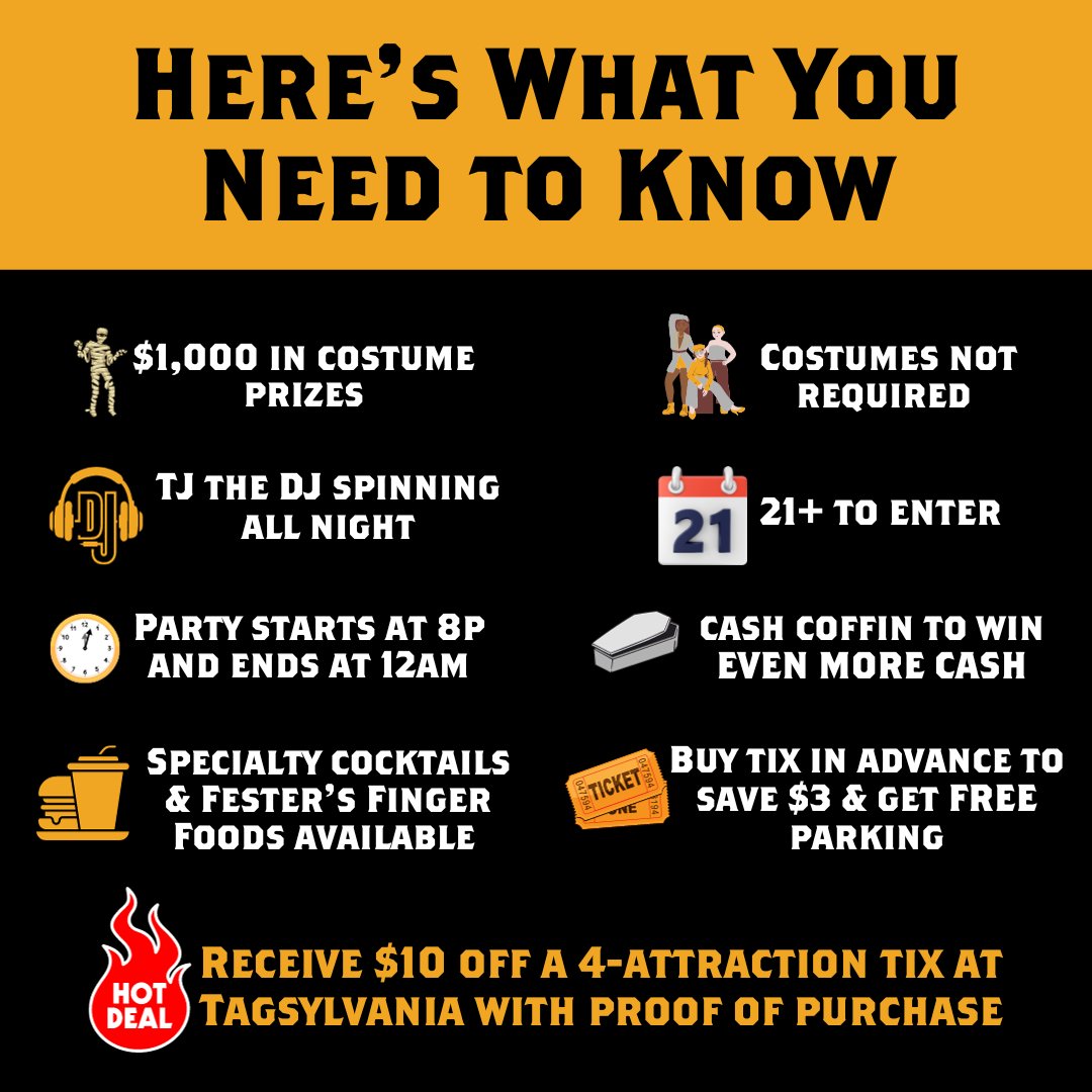 Tagsylvania's tweet photo. Just 1️⃣ more night until Hollywood Halloween! Make sure to purchase those 🎟️ in advance for free parking: https://t.co/WwlTP3rcfA! 

🔥Don't forget to show your ticket at the Box Office to receive $10 off a 4-attraction combo pack! 

#tagsylvania #halloweenparty https://t.co/8cgl5AnhaG