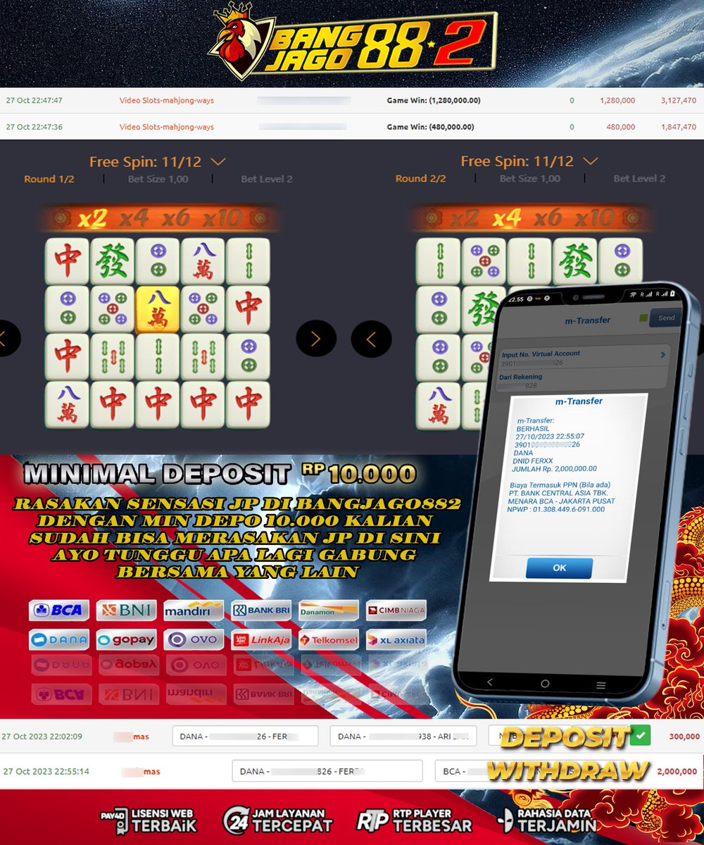 BJago882's tweet photo. BUKTI KEMENANGAN MEMBER BANGJAGO882 l HARI JUMAT 27 OKTOBER  2023

SELAMAT KEPADA MEMBER YANG WITHDRAW HARI INI 🥳🥳 HANYA DENGAN DEPOSIT 300.000 LANGSUNG DI KASIH 2.000.000 AYO GABUNG SEKARANG BERSAMA KAMI https://t.co/6a5HoJxAet
