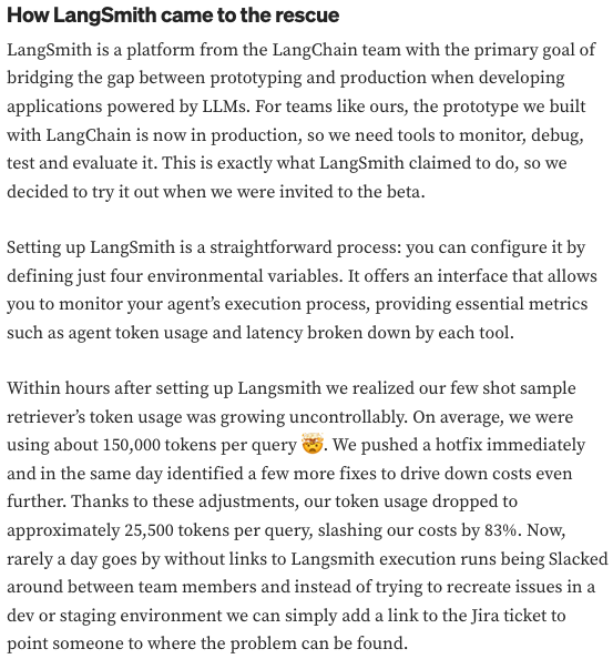 LangChain's tweet photo. One of our favorite OSS projects is @DataheraldCo - a natural language-to-SQL engine that allows you to set up APIs to answer plain English questions from your relational database.

💸💸💸They - like many others in the LLM space - are constantly fighting to keep costs down. They recently wrote a great article on how they use LangSmith to do so!

Read the full blog here: https://t.co/4WGlbR1NoE

"Now, rarely a day goes by without links to Langsmith execution runs being Slacked around between team members and instead of trying to recreate issues in a dev or staging environment we can simply add a link to the Jira ticket to point someone to where the problem can be found."