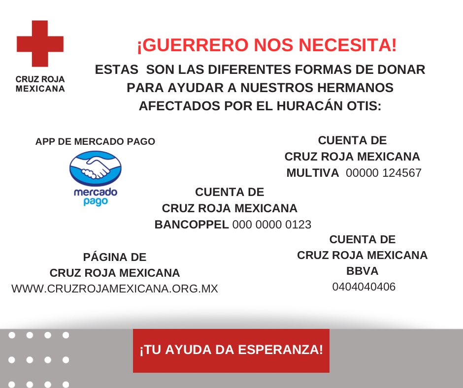 Es momento de unir esfuerzos y decirles a nuestros hermanos de #Guerrero que no están solos. 

¡Ayudemos a quienes nos necesitan! 
Te compartimos la diferentes maneras  de donar. #CruzRoja