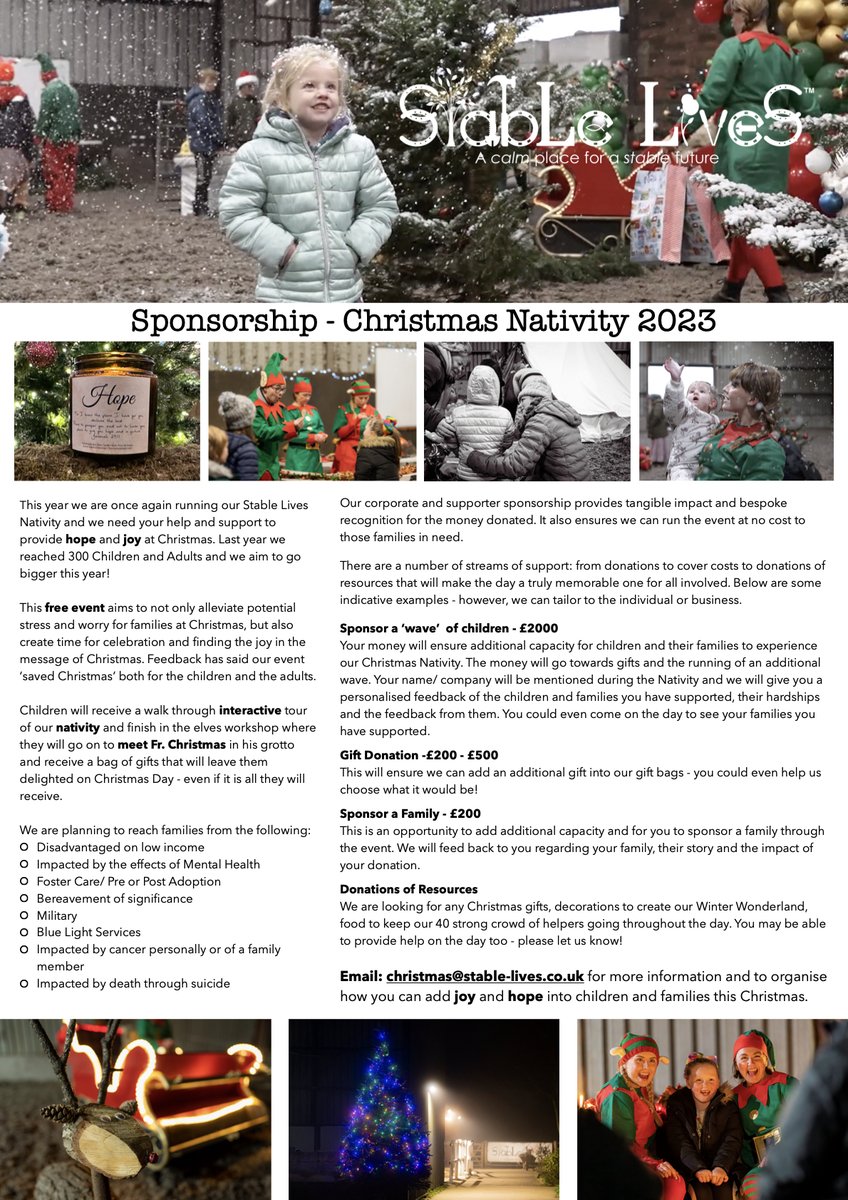 StableLives (@stable_lives) on Twitter photo 📣 Corporate and Supporter Sponsorship 📣
Do you know any business or individuals who wish to support a Christmas Event for disadvantaged children and their families? Please share this widely and contact christmas@stable-lives.co.uk for more info. #mentalhealth #onestepfurther 📣 Corporate and Supporter Sponsorship 📣
Do you know any business or individuals who wish to support a Christmas Event for disadvantaged children and their families? Please share this widely and contact christmas@stable-lives.co.uk for more info. #mentalhealth #onestepfurther