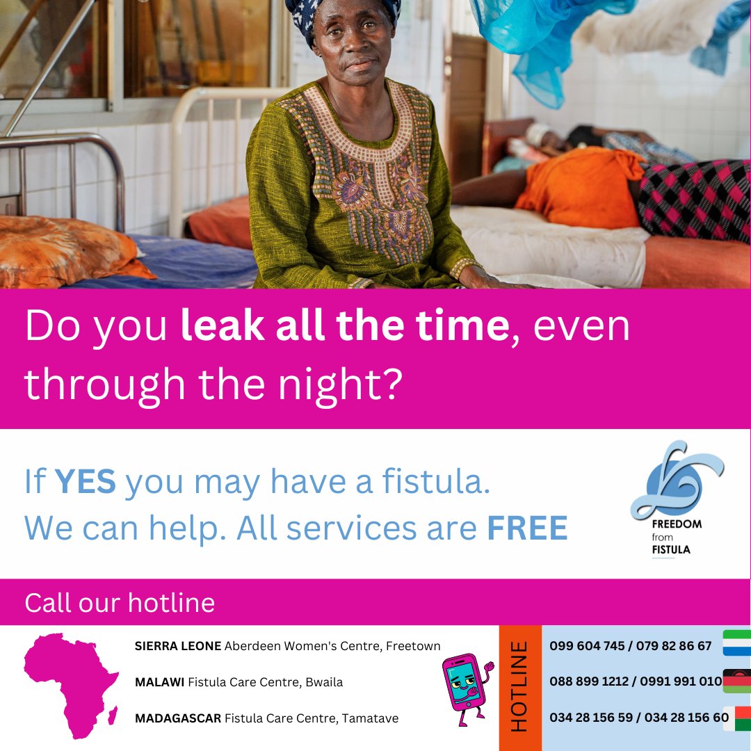 Do you suspect you, or someone you know, has an obstetric fistula?

We provide FREE surgeries in #sierraleone #malawi #madagascar

Call our hotline for more information. Please SHARE.

#endtheshame #endfistula #restoringdignity #tamatave #bwaila #freetown