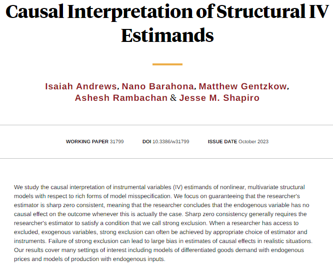 NBER (@nberpubs) on Twitter photo The causal interpretation of instrumental variables estimands of nonlinear, multivariate structural models with respect to rich forms of model misspecification, from Isaiah Andrews, <a href="/NanoBarahona/">Nano Barahona</a>, Matthew Gentzkow, <a href="/asheshrambachan/">Ashesh Rambachan</a>, and Jesse M. Shapiro nber.org/papers/w31799 The causal interpretation of instrumental variables estimands of nonlinear, multivariate structural models with respect to rich forms of model misspecification, from Isaiah Andrews, <a href="/NanoBarahona/">Nano Barahona</a>, Matthew Gentzkow, <a href="/asheshrambachan/">Ashesh Rambachan</a>, and Jesse M. Shapiro nber.org/papers/w31799