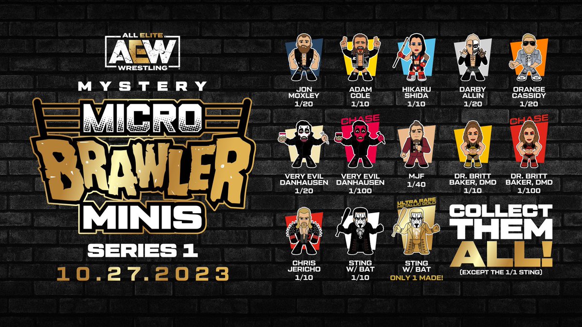 On sale now! @AEW Micro Brawler Minis Series 1. Collect the all! Will you be the lucky one to get the golden Sting? Order now! bit.ly/3FzF4Kr #aew #microbrawlers #microbrawlerminis #pwtees