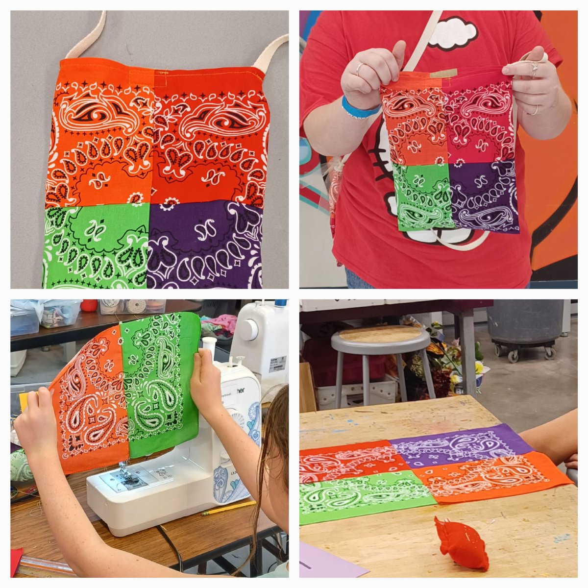 What's new in GMS Sewing Club this week? Well, we just finished a 30-minute unlined shoulder bag. This simple, cute, stylish bag comprised four colored bandanas. Our students were excited to be able to start and finish a project in 30-40 minutes (or less).
