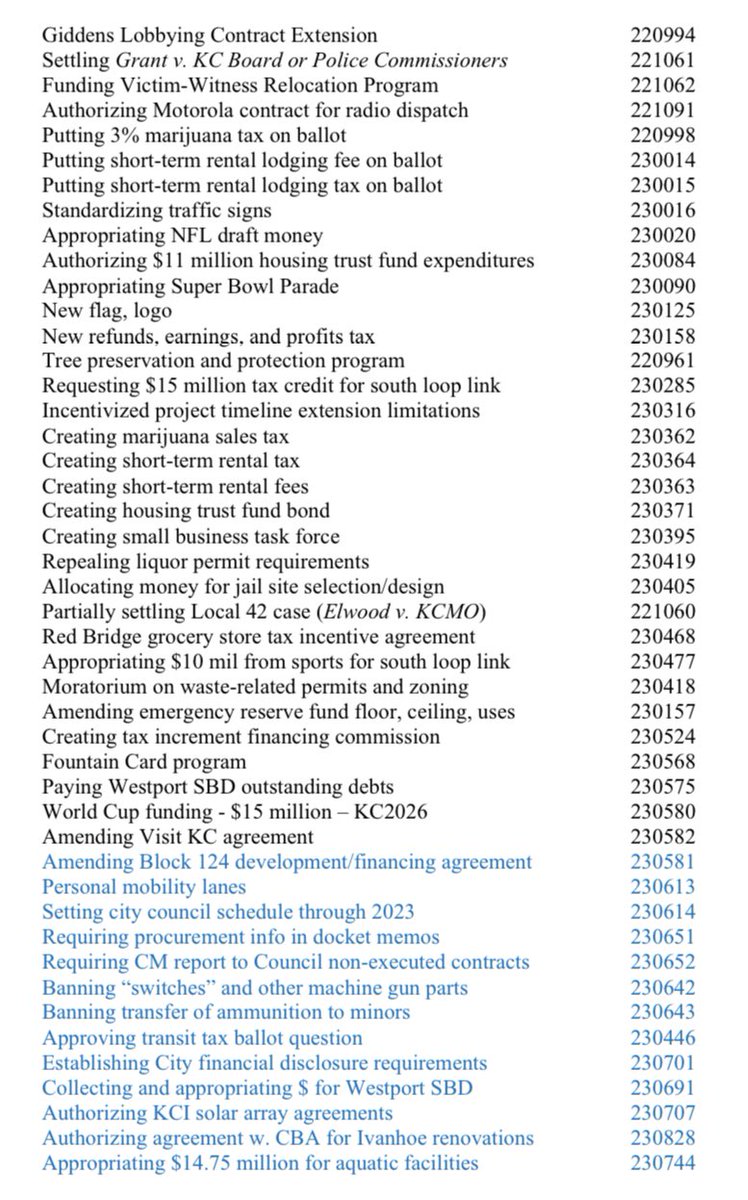 QuintonLucasKC's tweet photo. Just received my update on legislation I have filed since starting this gig.  I’ll pull up my City Council era classics too some day, but a lot of good progress here for the people of Kansas City and surrounds! https://t.co/yRbCrRsg6C