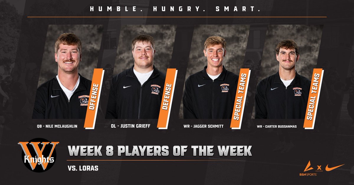 Congratulations to week 8 Players of the Week vs Loras. Offense - Nile McLaughlin (16-26 att, 252 yd, 5 TD). Defense - Justin Grieff (4 tack, 1 sack, 1 FF). Special Teams - Jagger Schmitt and Carter Bussanmas (Blocked Punt &amp; Return for TD). #RollKnights