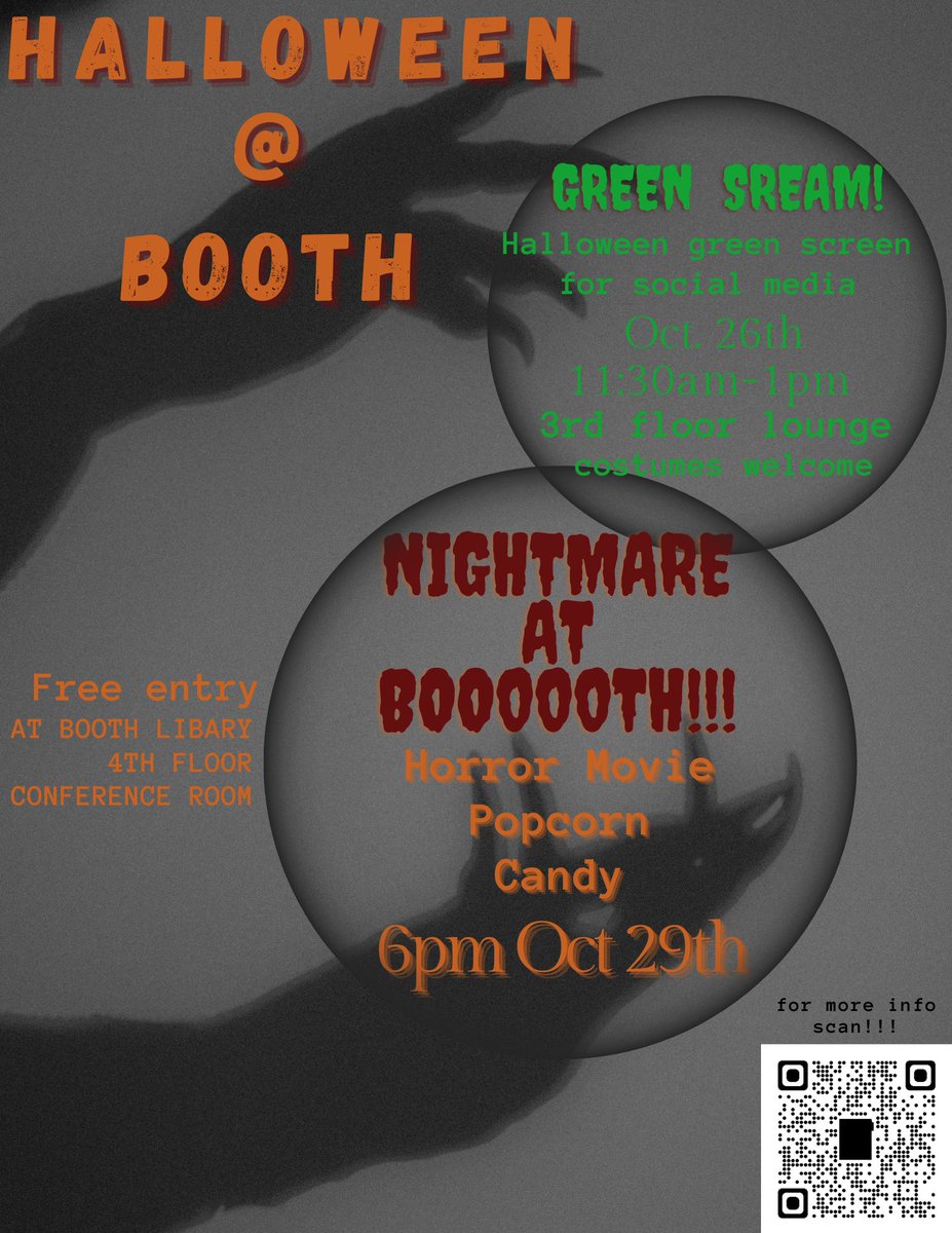 Join us TONIGHT at 6 p.m. for Nightmare at BOOOOOTH! Enjoy popcorn and a screening of the horror classic, Poltergeist! Use our green screen to generate fun and spooky content for your social media accounts! #EIU @eiustudents @EIUStudentLife @EIUTRiO @eiu_saac @EIU_OIAE