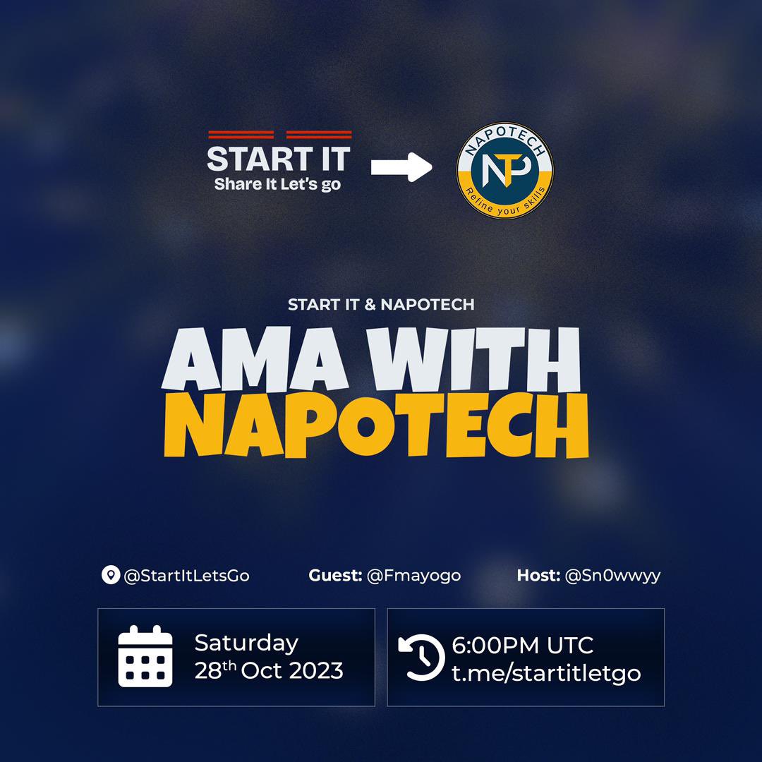💎🎤 Start It Voice AMA 🎤💎

@StartItLetsGo &amp; <a href="/Napotech1/">Napotech Token</a>

🗓 Saturday 28th October 2023
⏱ 6PM UTC | 2PM EST

✅Location: t.me/StartItLetsG