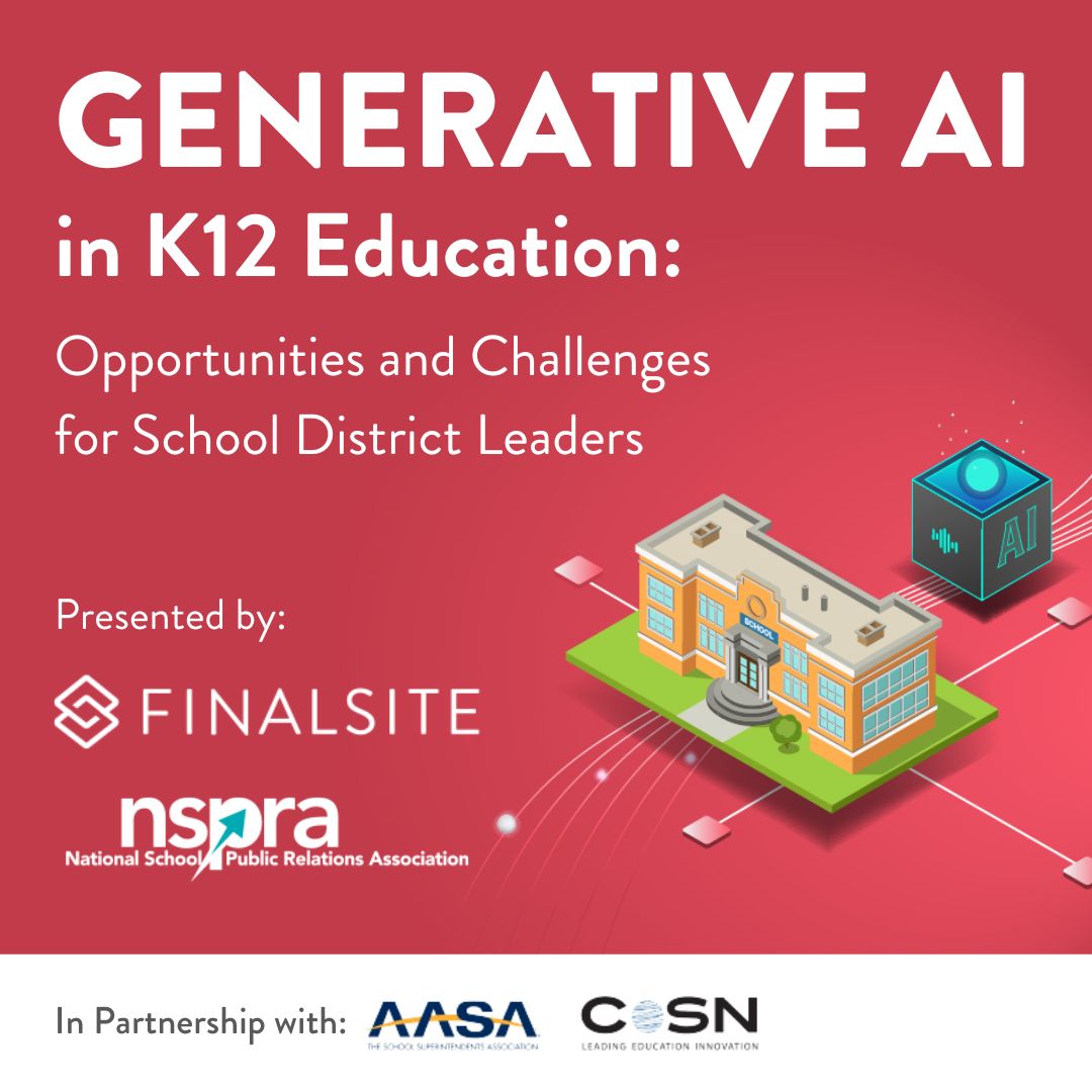 Join NSPRA and @Finalsite for a FREE three-part webinar series on how district leaders and #schoolPR pros can best leverage generative #AI as well as help shape strong policy and security around the technology! bit.ly/3Sc6JbX Presented in partnership @AASAHQ and @CoSN.