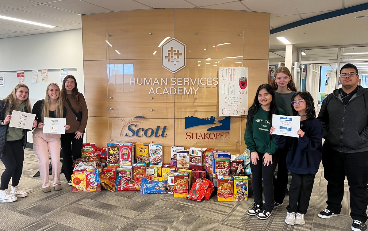 SHS_humanserv's tweet photo. Shakopee HS Student Council conducted a school wide cereal drive for Mi C.A.S.A. this week as an academy challenge.  Our CAPS Human Services class asked our two partners, Scott County and the City of Shakopee, to help us. https://t.co/Lt5WehAzgC