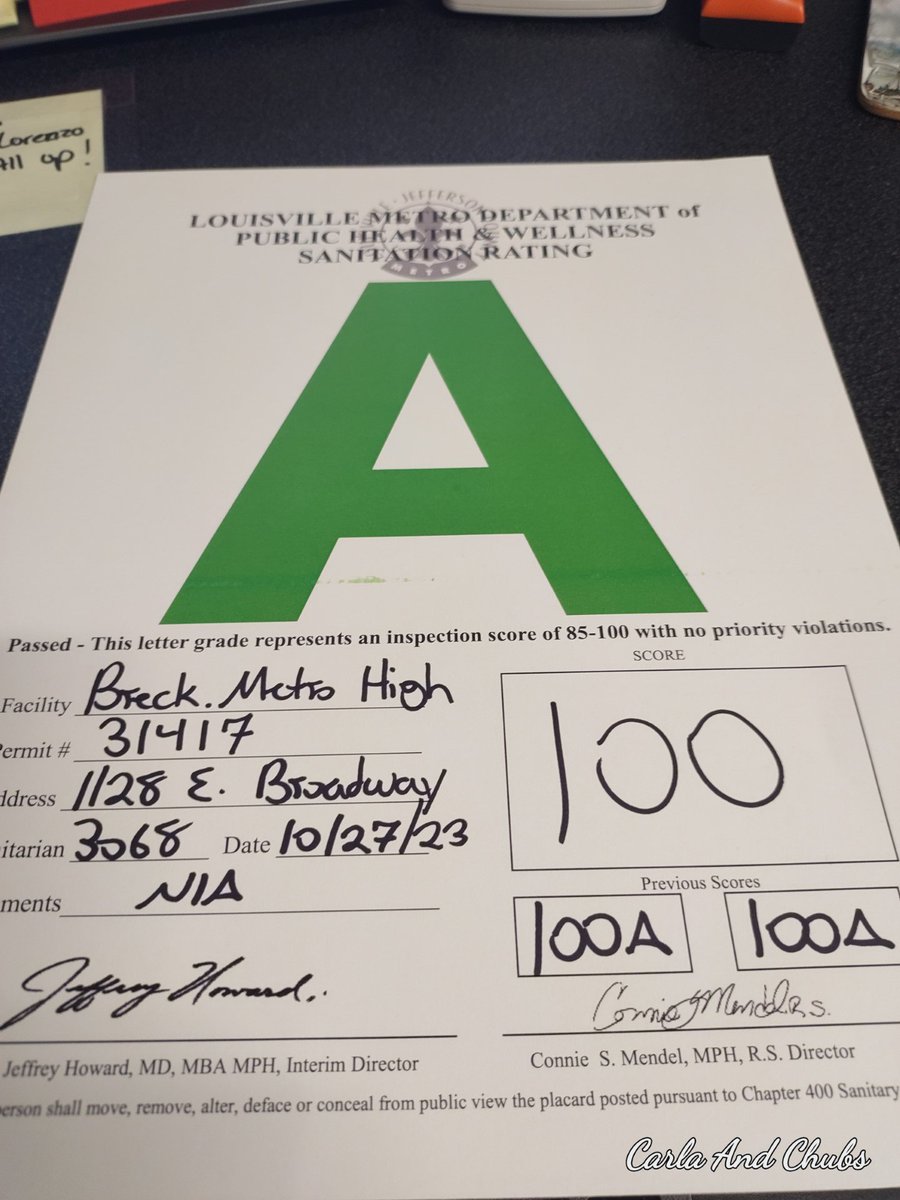 Shout out to the Breck Metro Nutrition Services team! They scored 100% on their most recent health department rating. Ms. Carla and Mr. Lorenzo are doing great work to support Breck Metro students! <a href="/SirMonkus/">Erik Huber</a>