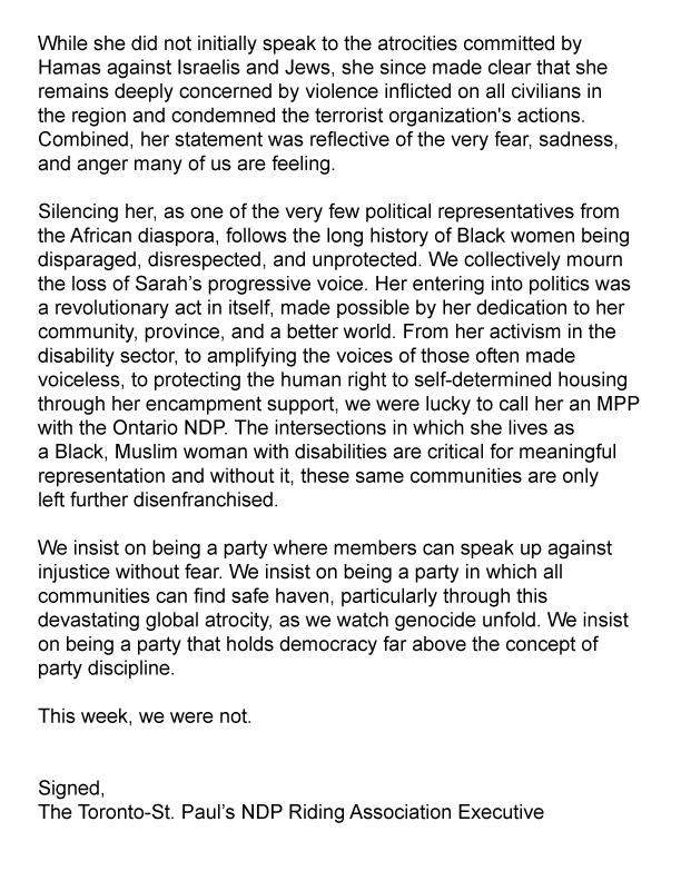 Read the Toronto-St. Paul's Riding Association's statement on MPP Sarah Jama. Link to the full statement: tinyurl.com/4a4tucsy