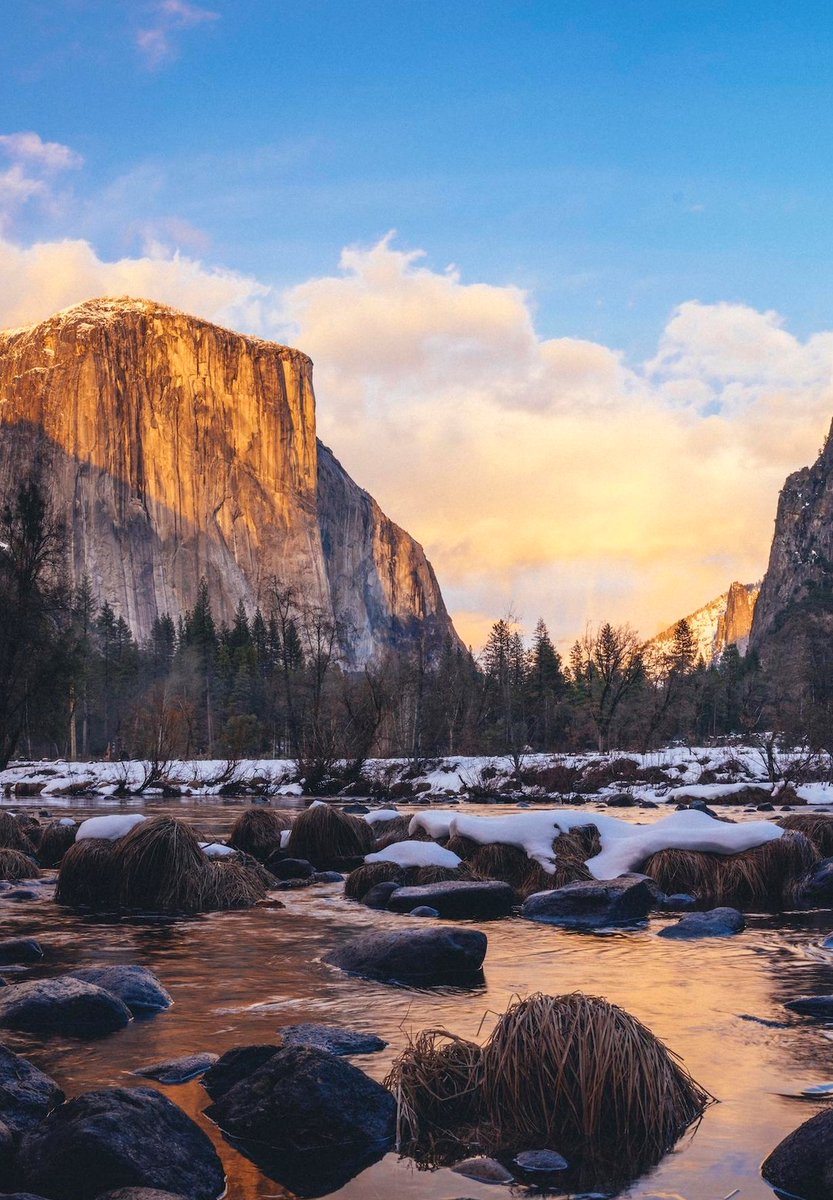 Yosemite Valley in early winter during the sunset hour