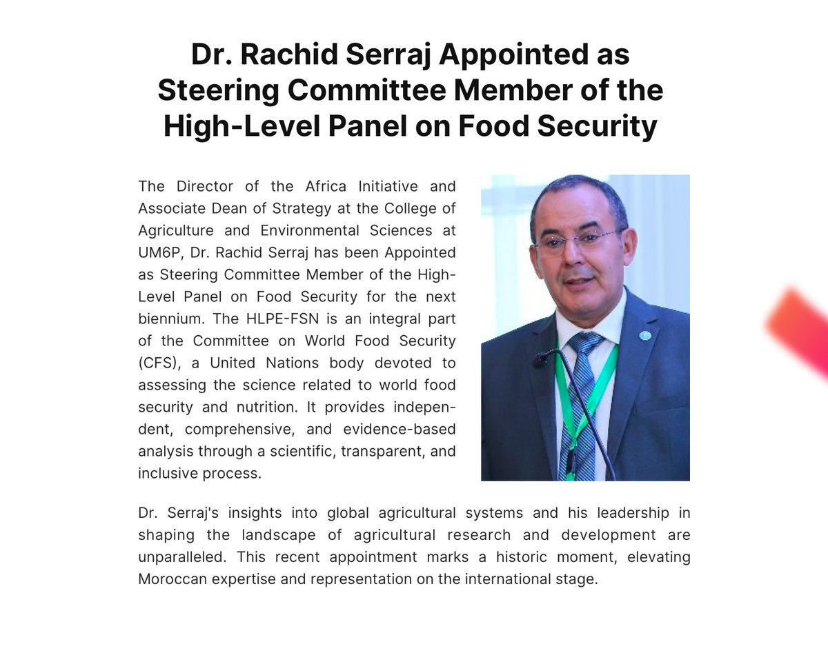 Congratulations to @RachidS  on his appointment as a Steering Committee member of the @hlpe_cfs. 

His commitment to sustainable agriculture and to African development makes him a valuable addition to this important initiative.

#FoodSecurity #Sustainability #AfricaDevelopment