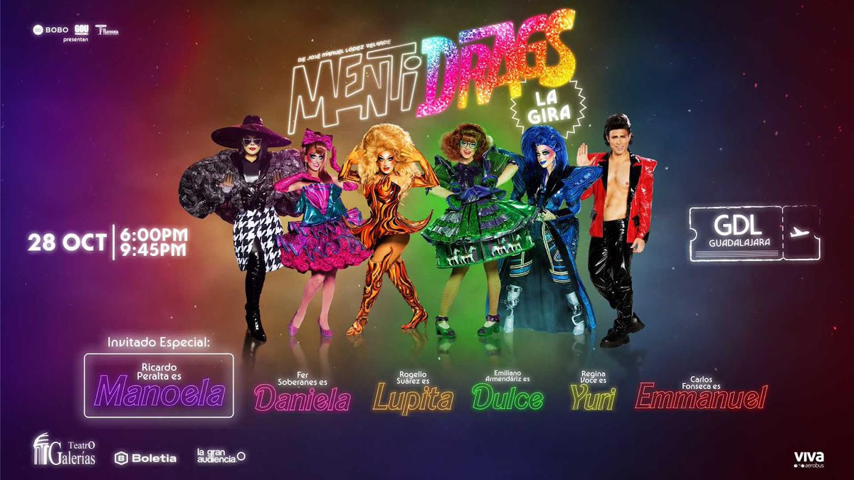 Te invito a #Mentidrags La Gira. La función será el sábado 28 de octubre 9:45 PM en Teatro Galerías de Guadalajara. Participa por tu boleto doble:

-Dale❤️y compartir.
-Comenta que quieres ir con un gif ochentero.

#VoyConRobotania #KarlaArroyoPR