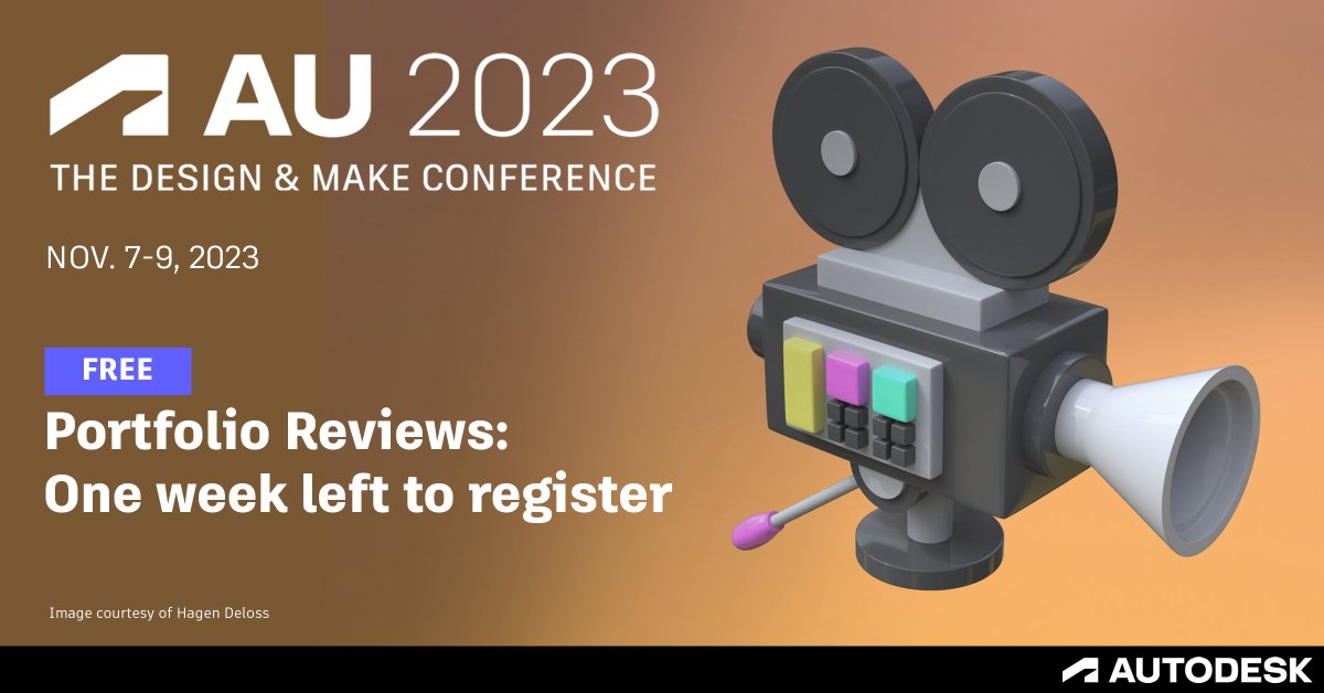 📝 ️ Only one week left to register for a Portfolio Review! Get 1-1 feedback, connect with an industry professional, and sign up for a FREE #AU2023 digital pass to access exciting sessions to hone your skills. Learn more here: autode.sk/au-2023-portfo…