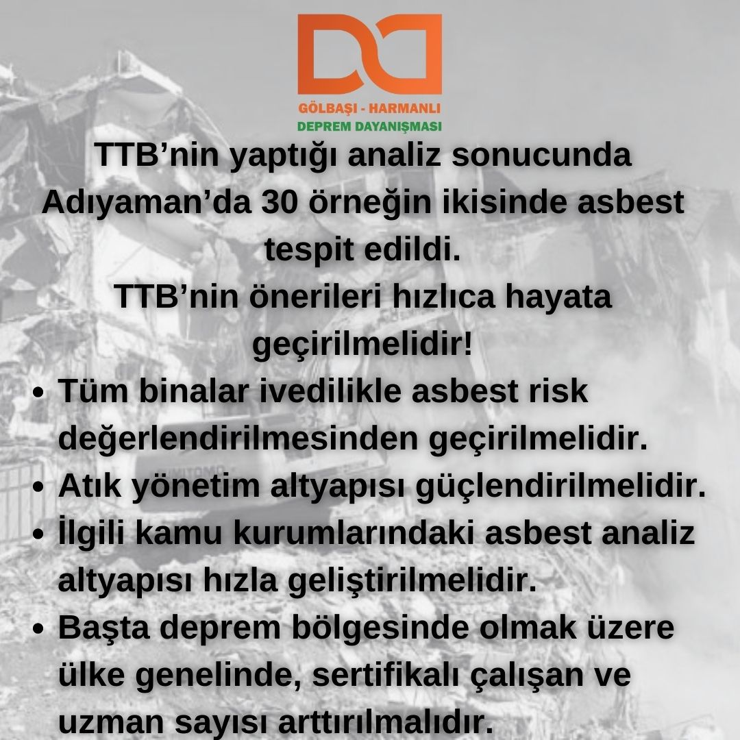 TTB’nin yaptığı analiz sonucunda Adıyaman’da 30 örneğin ikisinde asbest tespit edildi.
TTB’nin önerileri hızlıca hayata geçirilmelidir!