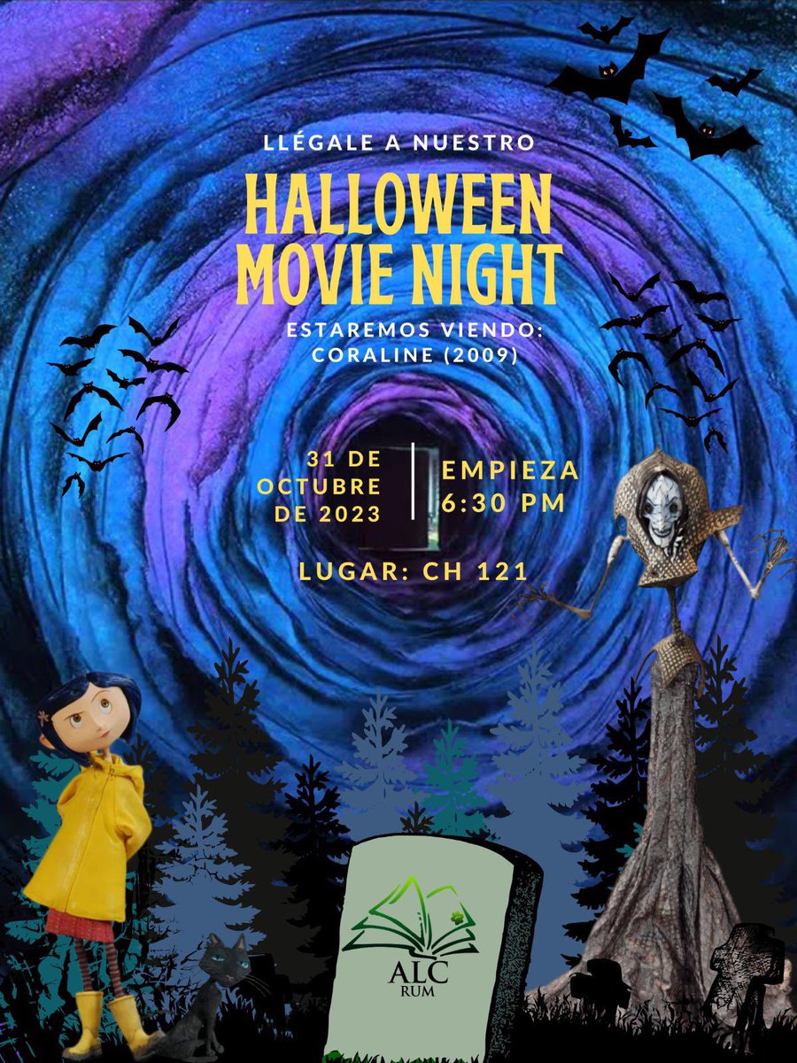 ¡Les invitamos a nuestro Halloween Movie Night este 31 de octubre!

Se presentará la película Coraline, la cual esta basada en la novela de Neil Gaiman.
