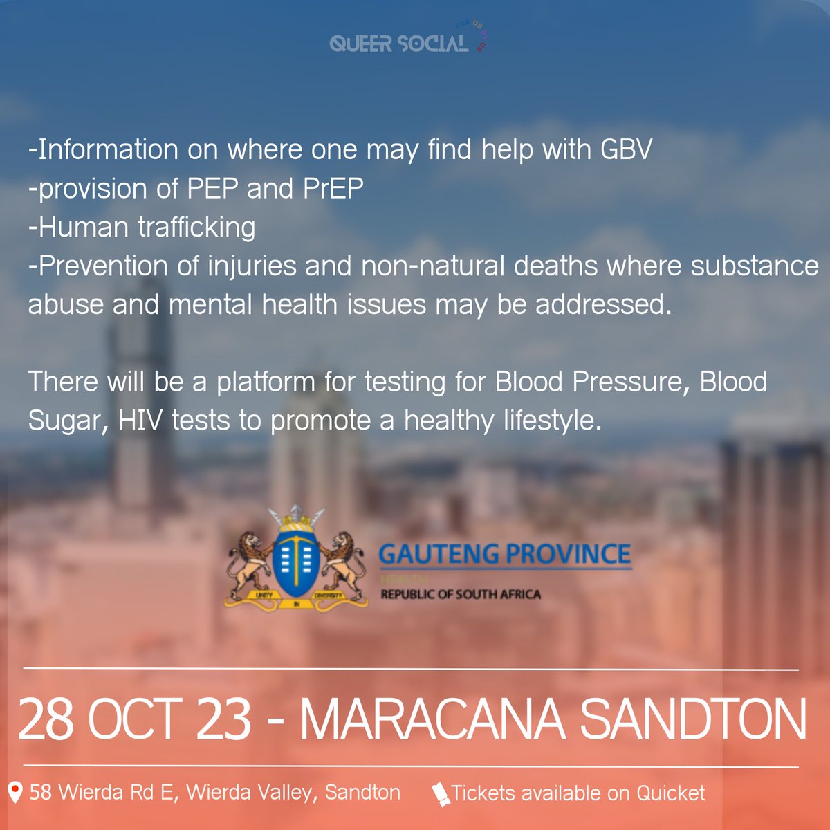 Remember our Health is our Pride!

 <a href="/GautengHealth/">Gauteng Health</a> will be joining us at queer social to highlight solutions to some of our issues within the Queer community