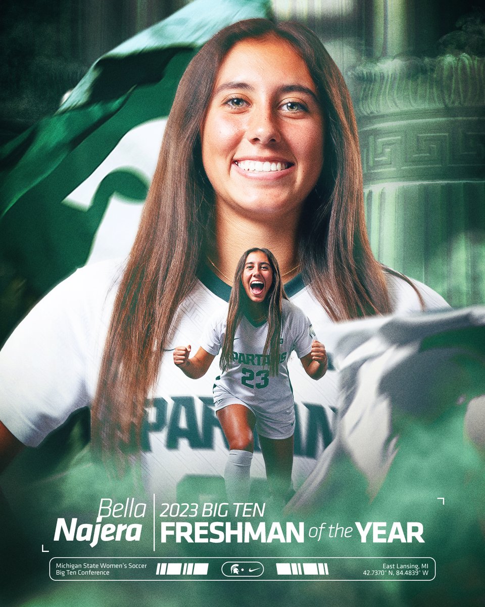 MSU_wsoccer's tweet photo. MSU's second-ever Big Ten Freshman of the Year... Bella Najera! 🌟 

#GoGreen https://t.co/R5dbwPdpmb