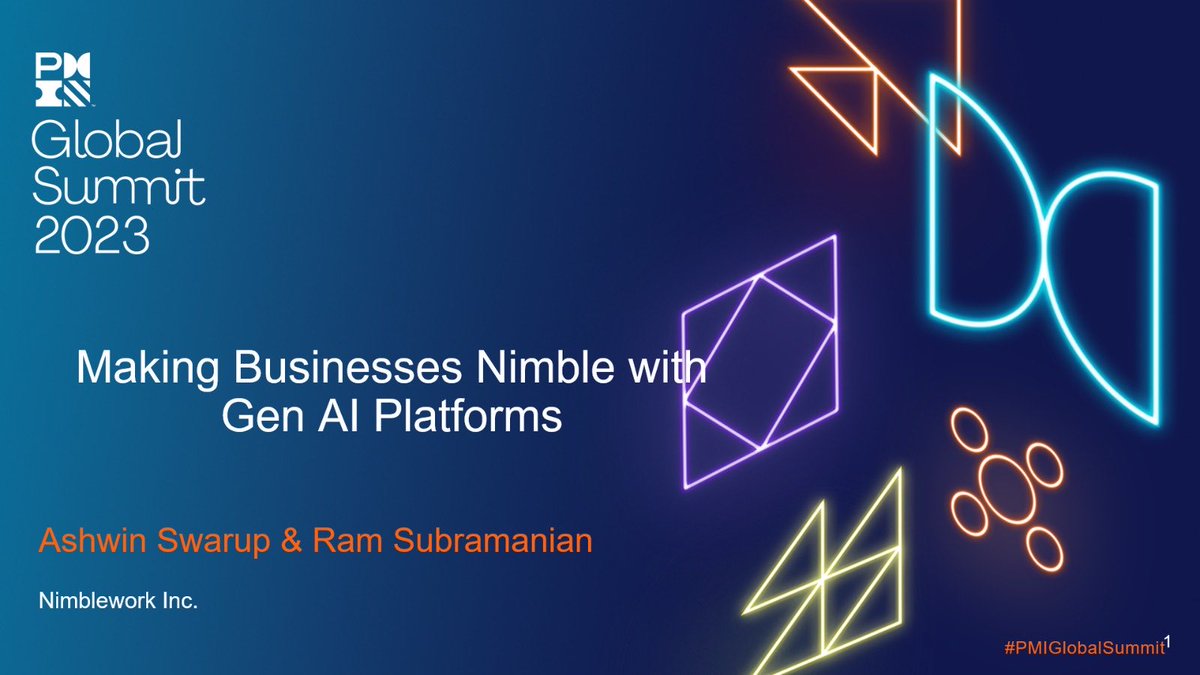 nimbleworkinc's tweet photo. Looking forward to the talk by our head of AI and Data Science ⁦@ashwinswarup⁩ - on making businesses Nimble with Gen AI Platforms at #PMIGlobalSummit - come join us at 2.10 pm at the Product Theater Main Stage! https://t.co/yLF3897VhY