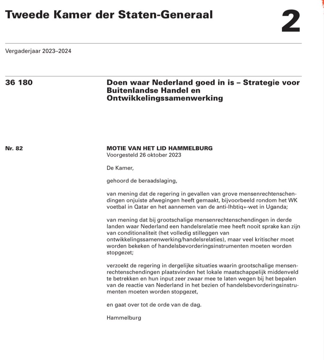 Als #LHBTIQ+ worden vervolgd in een land, dan moet NL stoppen met het promoten van handel door NLse bedrijven. Met de homovervolging in #Oeganda weigerde Minister Schreinemacher actie. Dus kwam ik met een motie. Maar die werd gisteren weggestemd door VVD en CDA. #cocdebat