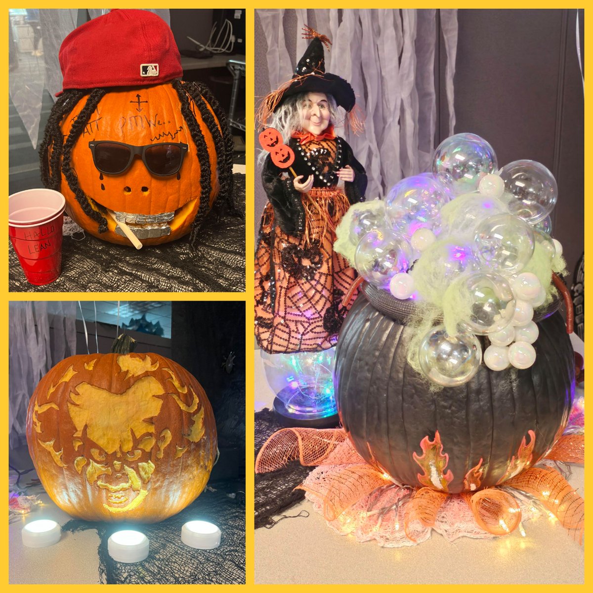 EarthCity05's tweet photo. Our teams showed up for our pumpkin decorating contest!! So much creativity!! Happy Halloween!! 🧡🎃💛
#ECrocks23 #LifeAtATT @Finnegan_CLG @GarciaBeProud
#growthwithrespect #gwrPumpkinContest https://t.co/5v0hjyx4KG