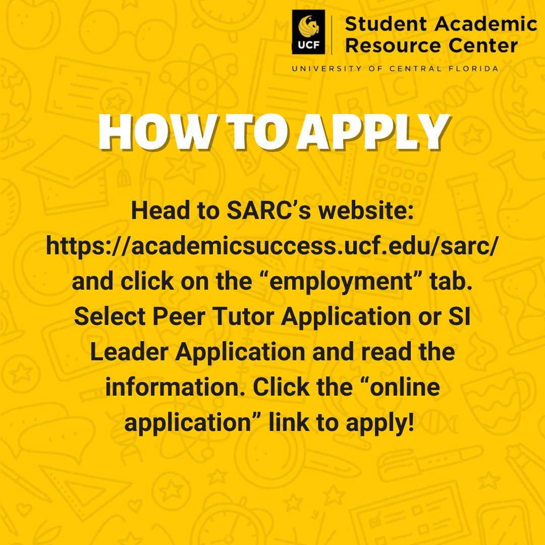UCFSARC's tweet image. Are you interested in working for SARC? Apply NOW! We have positions open for Peer tutors and Supplemental Instruction Leaders. Head to our website (link in bio) to learn more! #ucfsarc #peertutor #supplementalinstruction