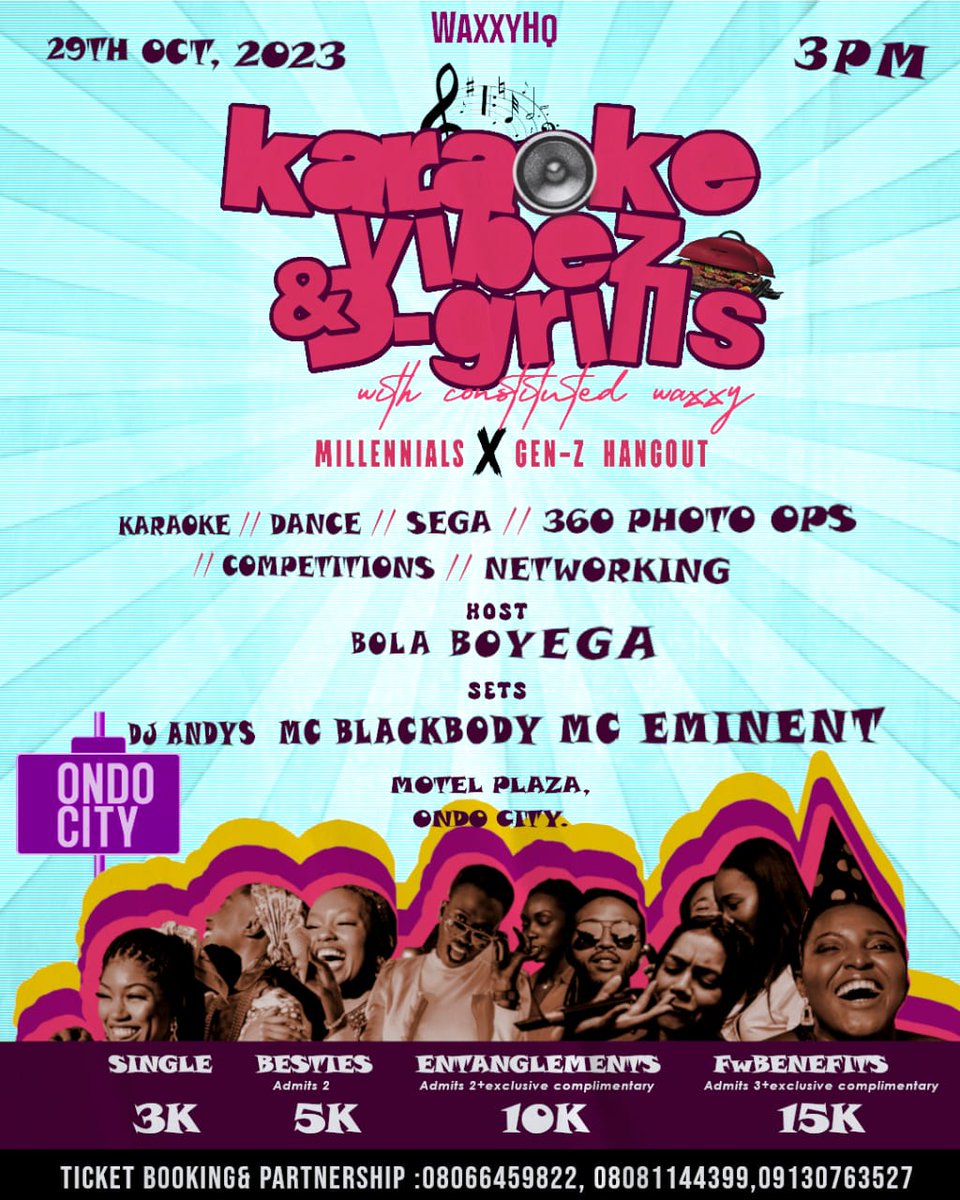 Karaoke Vibes and Grills is this weekend, if you are in Ondo City, you should not be anywhere else on 29th!
We have 3 tickets for 3 lucky winners. Follow and engage with this post and we will select 3 random winners at 9PM.
#OSH #OndoSocialHangout #OndoCityEvents