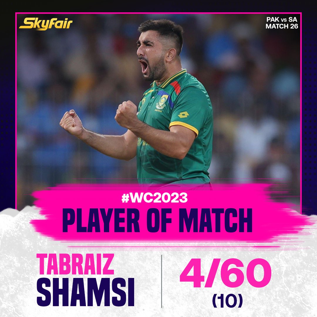 Tabraiz Shamsi earns player of the match for his exceptional bowling performance.

#PlayerOfTheMatch #BowlingMaestro #ExceptionalPerformance #CricketAwards #OutstandingDisplay #SkyFair #WC2023 #WorldCup