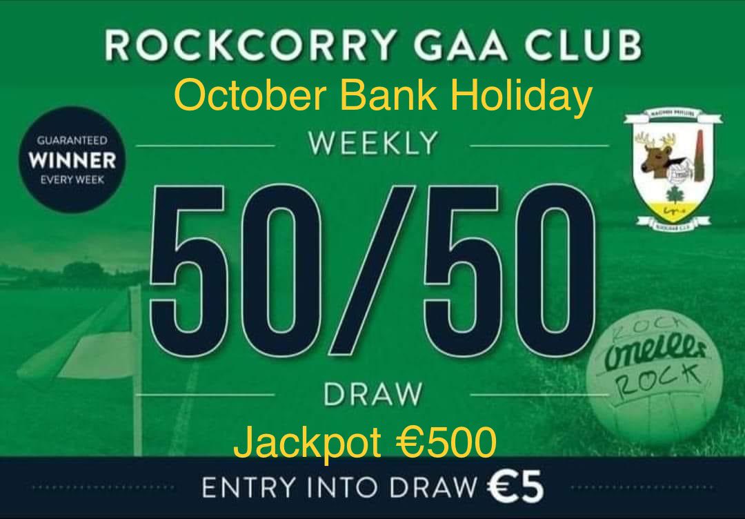 RockcorryGAA's tweet photo. Please 👍🏻to spread the word 
👻🎃 50/50 October Bank Holiday Draw����👻

Jackpot €500 💶💶💶💶💶
🕔 Monday 30th of October at 5:15pm 
Live on our Facebook page 

To Enter please follow the link
 https://t.co/iE5HHafqWR

Tickets also available in Fitzpatrick’s and Coyles shop https://t.co/yc0NpK0ABh