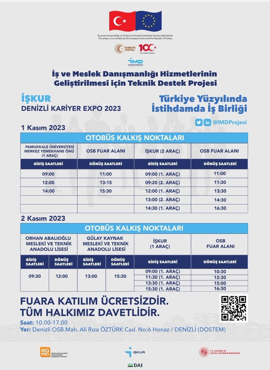 📢 1-2 Kasım tarihlerinde, saat 10:00 -17:00 arasında gerçekleştireceğimiz 'Türkiye Yüzyılında İstihdamda İşbirliği' ana temalı, İŞKUR DENİZLİ KARİYER EXPO 2023 İSTİHDAM FUARIMIZA tüm halkımız davetlidir.
#istihdamdaisbirligi
#kariyerkapisi
#İSKURdaisvar