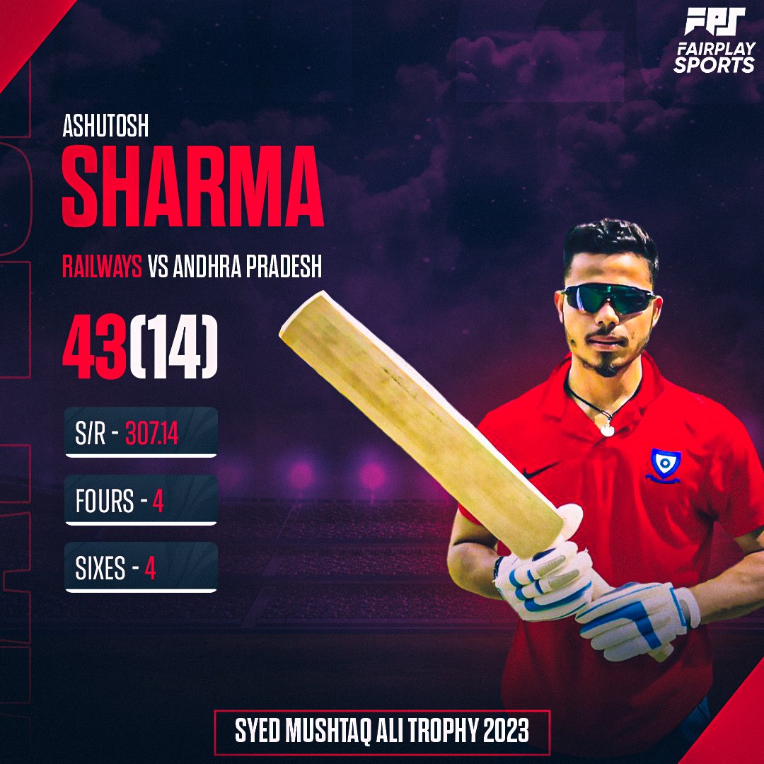 Ashutosh Sharma’s cricketing finesse came to the forefront as he scored 43 runs for Railways against Andhra, securing a significant win in today’s crucial match. Watch out for his cricketing fireworks in the future!🎇 #SyedMushtaqAli #SMAT2023 #Batter #AshotoshSharma