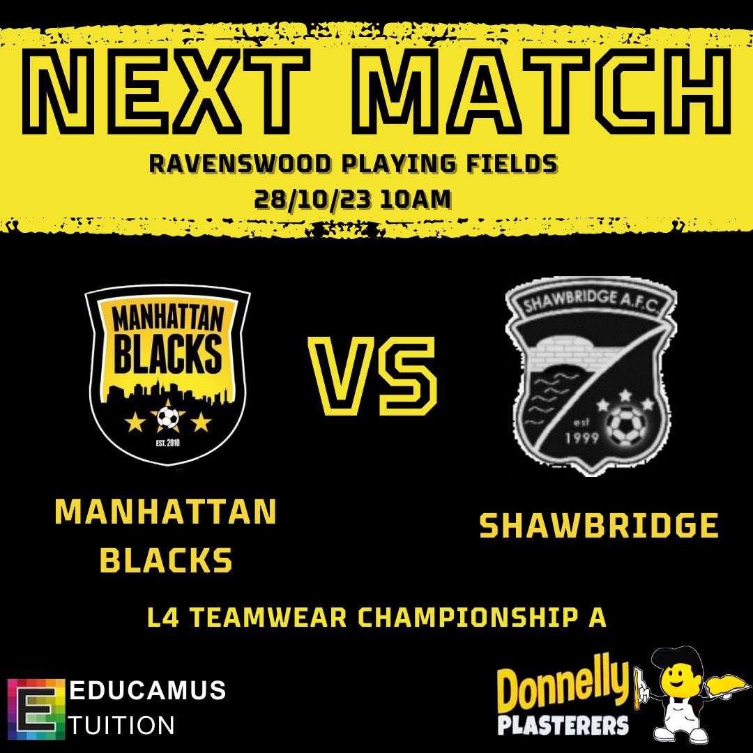 Back to league action tomorrow for the boys. Looking to kick on from last weekends performance in the West.

🆚 <a href="/Shawbridge_AFC/">Shawbridge AFC</a> 
🏆 <a href="/OfficialSMAFA/">SMAFA</a> Championship A
📍 Ravenswood Playing Fields, G67 1LA
🗓️ Saturday 28st October 
⌚️ 10.00am

#MBFC ⚫️🟡