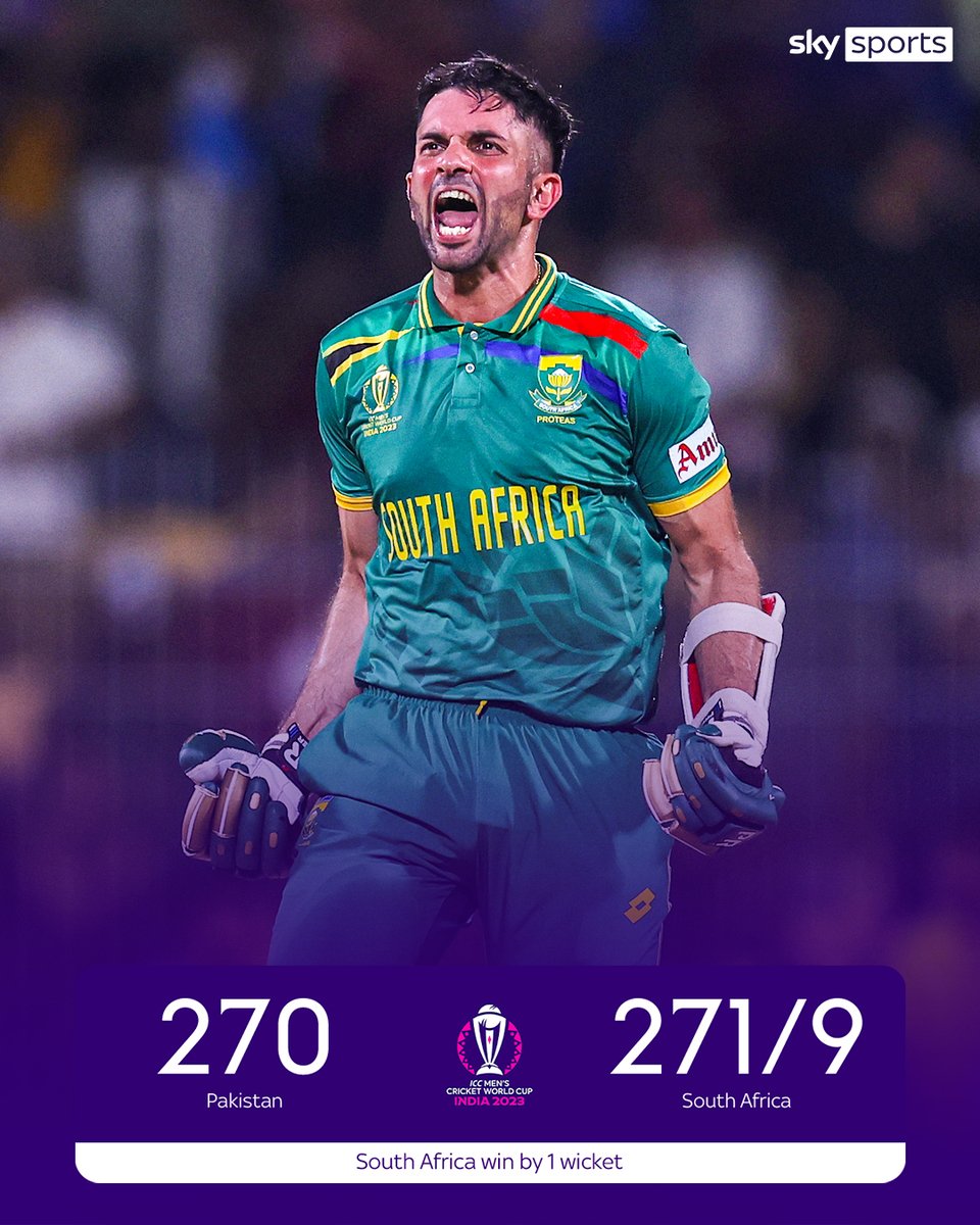 SkyCricket's tweet photo. 𝗧𝗛𝗘 𝗦𝗧𝗥𝗘𝗔𝗞. 𝗜𝗦 𝗢𝗩𝗘𝗥. 💪

A first ODI or T20 World Cup win for South Africa over Pakistan since 1999! 🇿🇦 https://t.co/o0hmtNcAOC