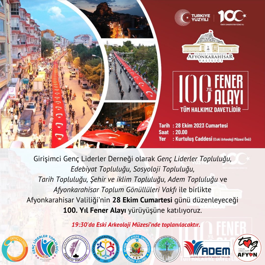 . <a href="/girisimcilider/">GENÇ Lİ-DER 🇹🇷</a> olarak <a href="/AkuGlt/">Genç Liderler Topluluğu</a> ,
Edebiyat Topluluğu, <a href="/aku_sosyoloji/">AKÜ SOSYOLOJİ KULÜBÜ</a> , <a href="/tt_aku1/">AKÜ Tarih Topluluğu</a> , Şehir ve iklim Topluluğu,  <a href="/ademkocatepem/">Afyon Kocatepe Adem Topluluğu</a> ve Afyonkarahisar Toplum Gönüllüleri Vakfı ile birlikte 100. Yıl Fener Alayı yürüyüşüne katılıyoruz.

instagram.com/p/Cy6Pb17IO44/…