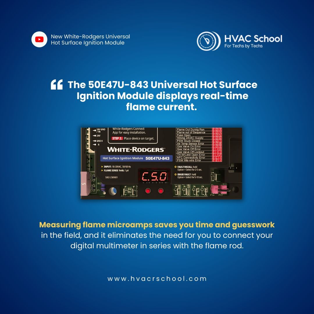 HVACRSchool's tweet image. I may not work on gas furnaces very often, but when I do, I wish there was an easier, faster way to test the flame rod continuity. 

Well, now there is! Learn more about the White-Rodgers 50E47U-843 at buff.ly/3PYUwoe.

#hvac #heating #universalcontrols #furnacecontrols