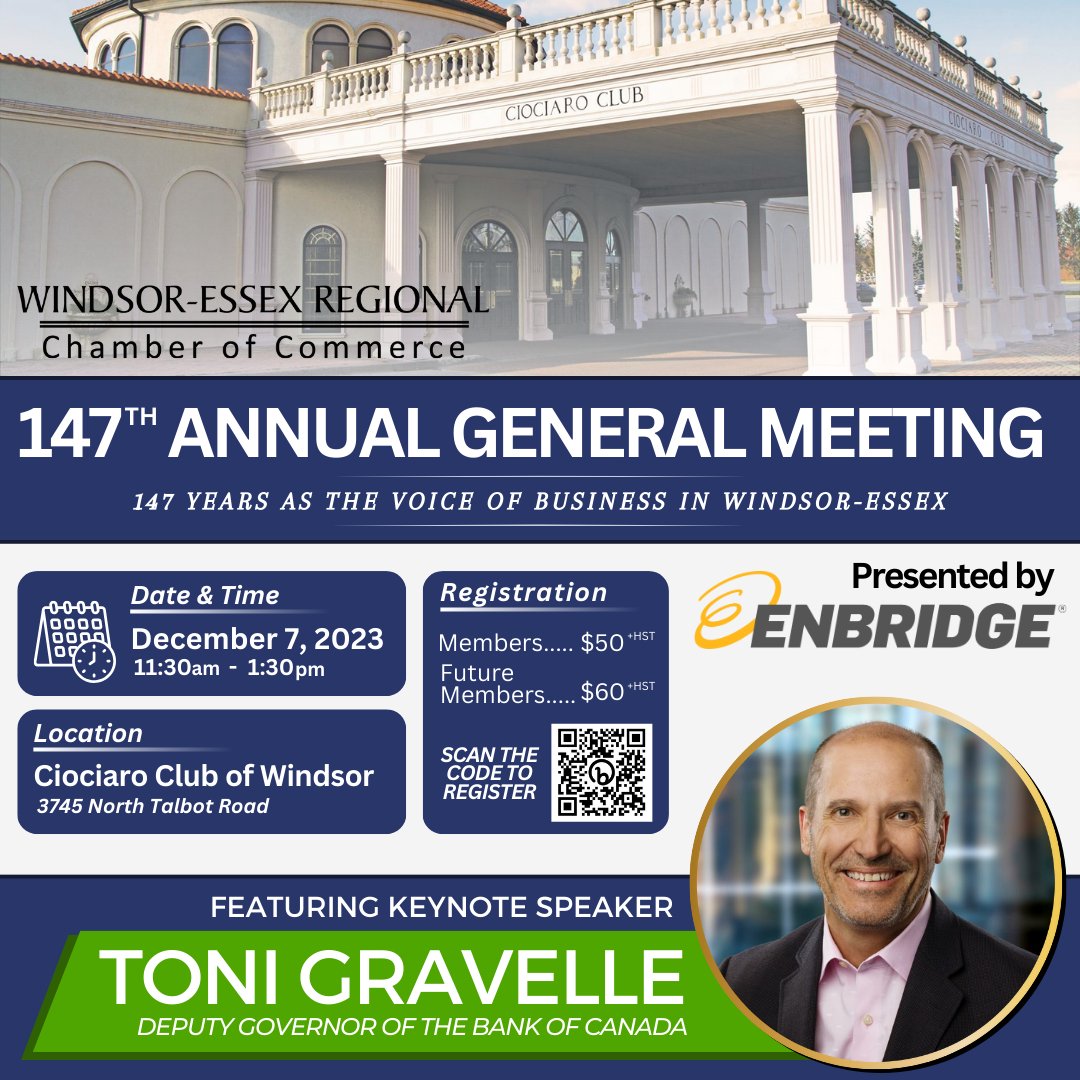 Join <a href="/WERCofC/">Windsor Essex Chamber of Commerce</a> on Dec 7 at the <a href="/CiociaroClub/">Ciociaro Club</a> for our 147th Annual General Meeting, presented by <a href="/enbridgegas/">Enbridge Gas</a>.

Look forward to a delicious lunch, followed by an address from this year's keynote speaker, Toni Gravelle. Register now at: bit.ly/Chamber147AGM

#WindsorBusiness