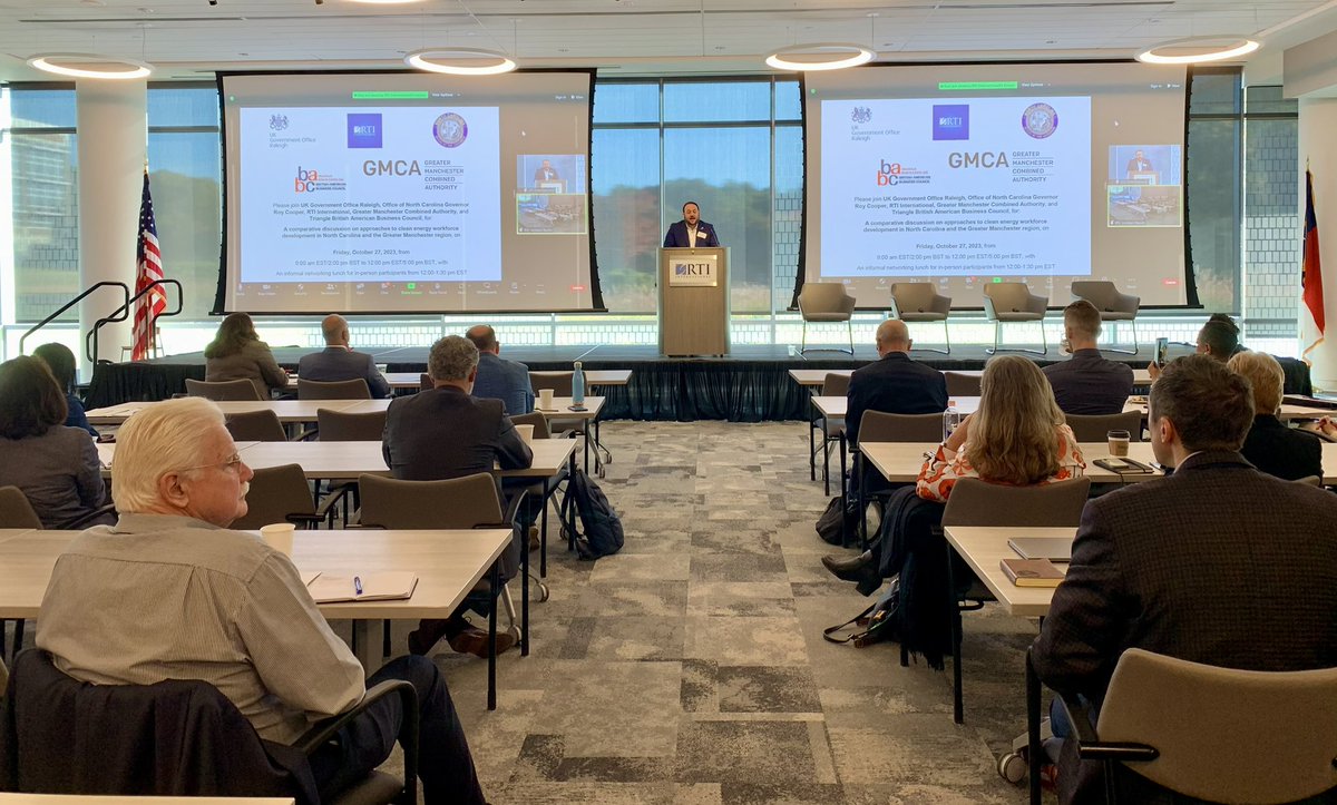 UKinAtlanta's tweet photo. Thanks to all those who came to RTI International today for the UK-North Carolina seminar on clean energy and workforce development.

The transition to clean energy can only be effective if we take time to learn from and support each other. https://t.co/IekevNCHnL
