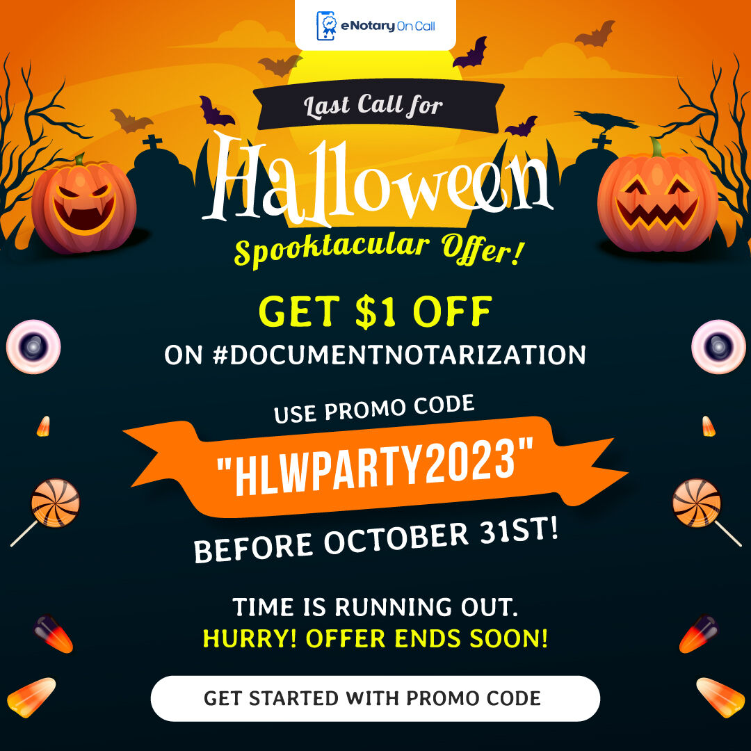 eNotaryOnCall's tweet image. 📢 Last Call for #Halloween Spooktacular Offer! 📢 

Get $1 off your #documentnotarization at #eNotaryOnCall 
Apply Promo Code 𝗛𝗟𝗪𝗣𝗔𝗥𝗧𝗬𝟮𝟬𝟮𝟯 before 𝙊𝙘𝙩𝙤𝙗𝙚𝙧 31𝙨𝙩! 📜💰 
Hurry! 🧙‍♀️🎃 
app.enotaryoncall.com/login