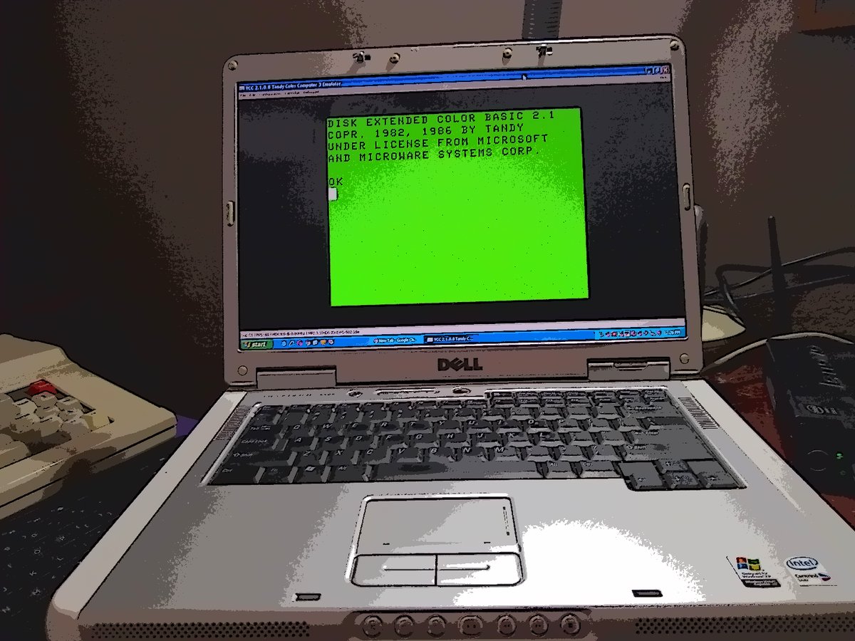 Rondelvo's tweet photo. Virtual Color Computer on Windows XP...While a CoCo watches!!! #colorcomputer #coco #tandy #RadioShack #tandyandradioshackvintage #8bit #cocopi3 #coco3 #ronsgarage #thecoconation #dragon https://t.co/d0zFKk3Msr
